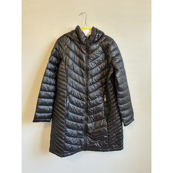 Black Puffer Down Winter Jacket Long Packable Quilted womens L Calvin Klein Y2K - Picture 14 of 16